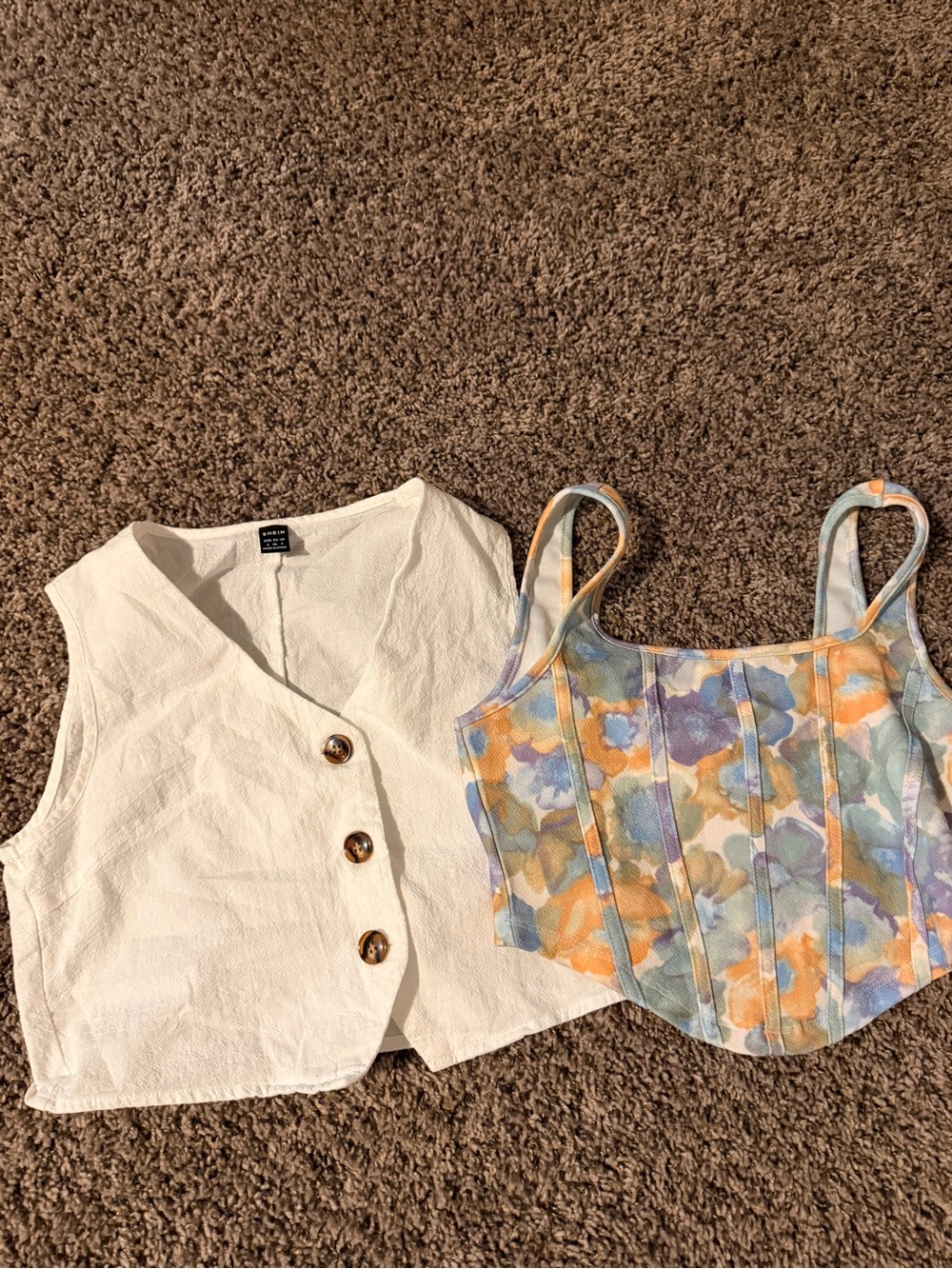 SHEIN White Button Vest & Pastel Floral Corset Tank Set